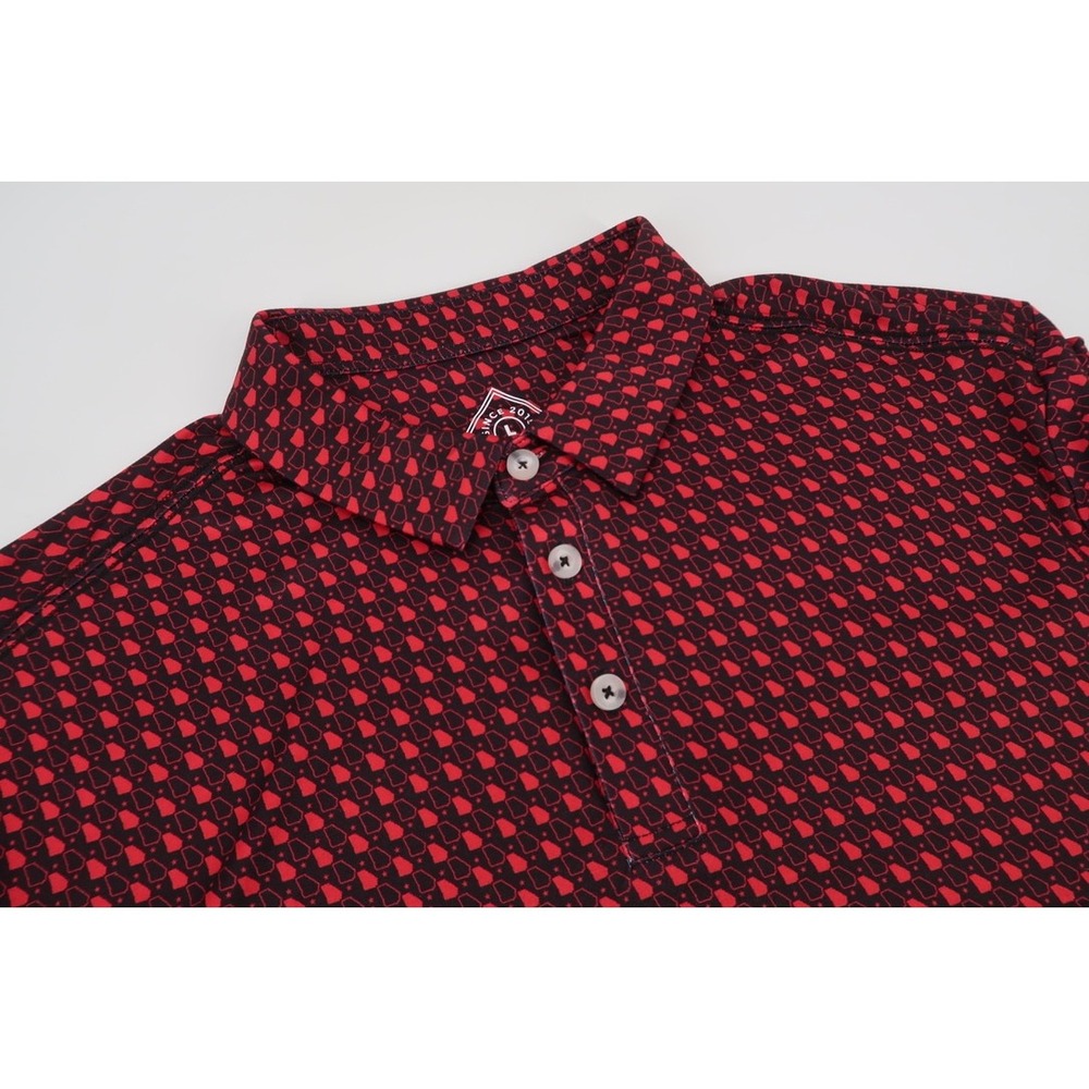 Burlebo Performance Polo Mens Large Red Black Georgia Print Short Sleeve NEW